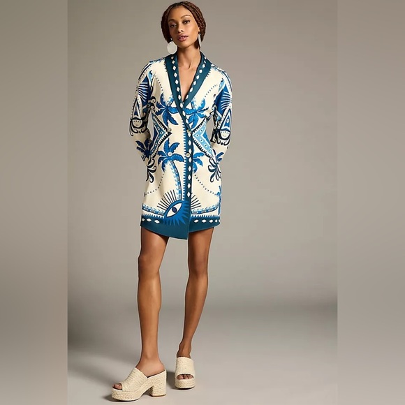 Farm Rio Anthropologie Long-Sleeve Blazer Mini Dress in Ivory/Blue Size SP - Picture 1 of 15